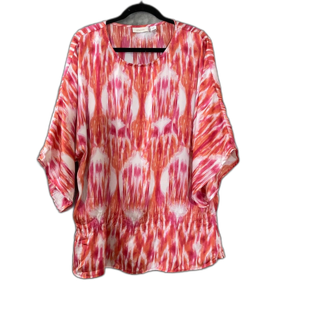 Chico's Blue Watercolor Ikat Print Blouse Peasant Boho Popover XL Resort Travel